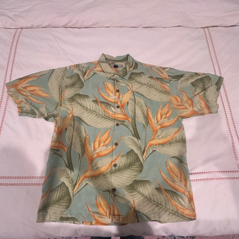 Tommy Bahama Green and Orange Leaf Print Shirt L